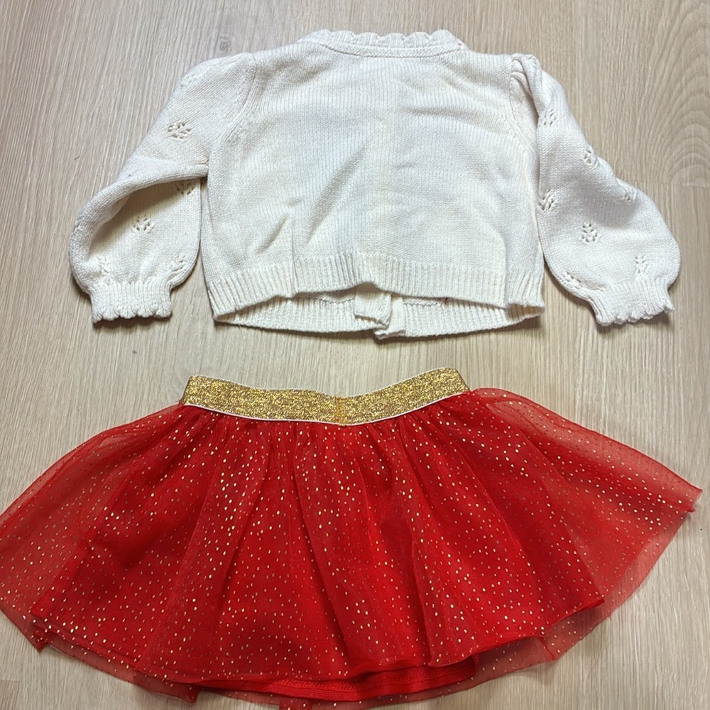 Max Studio Cream Cardigan with Red Bow and Gold Accent Skirt - Picture 4 of 4